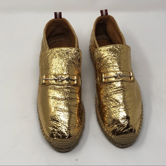 Bally Other - Bally Gold Crinkle Leather Slip On Espadrilles